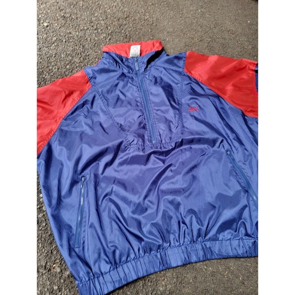 Vintage Puma Nylon Rain Jacket Mens XL Blue Red Hooded Vented Running 1/4 Zip - Picture 2 of 9